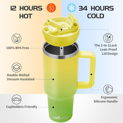 40oz Stainless Steel Insulated Tumbler with Flip Straw, 2-in-1 Lid, 100% Leakproof, Cup Holder Friendly, Handle, BPA-Free (light pink, 40, ounces)