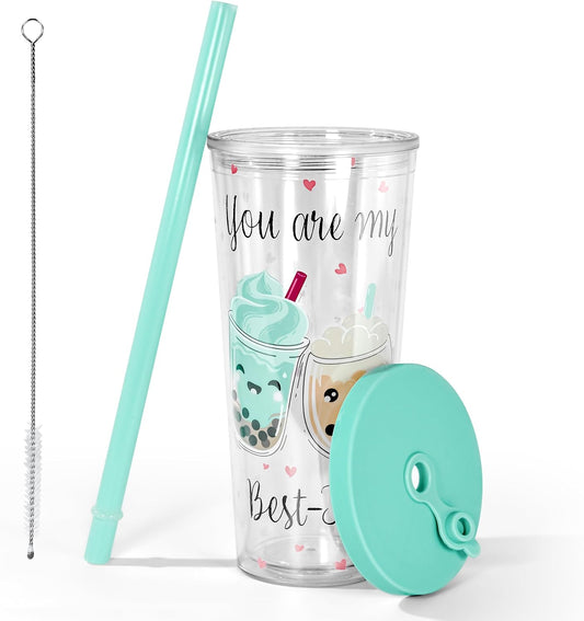 Reuasble Boba Cup, 24 oz 100% Leak Proof and Double Wall Insulated Iced Coffee Tumbler with Reusable Plastic Straws and Straw Cleaner(Sky Blue)