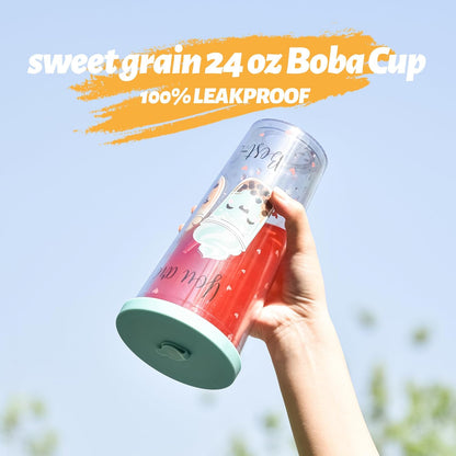 Reuasble Boba Cup, 24 oz 100% Leak Proof and Double Wall Insulated Iced Coffee Tumbler with Reusable Plastic Straws and Straw Cleaner(Sky Blue)