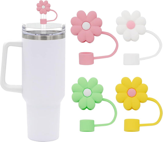 0.4in Diameter Cute Silicone Straw Covers Cap for Stanley Cup, Dust-Proof Drinking Straws Reusable Straws Tips Lids (Flower Straw Covers)