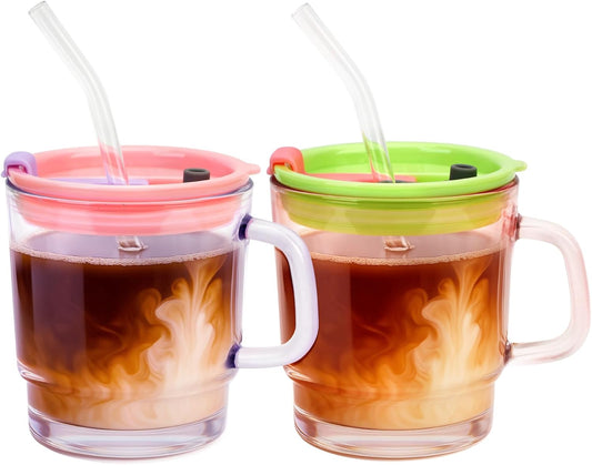 13oz Tumbler Water Glass Cups with Lid and Straw, 2 Pack Reusable Iced Coffee Cups with Handle, Sealed Carry on for Iced Tea, Coffee, BPA-Free Glass Tumblers for Home, Office, Party, Outdoor