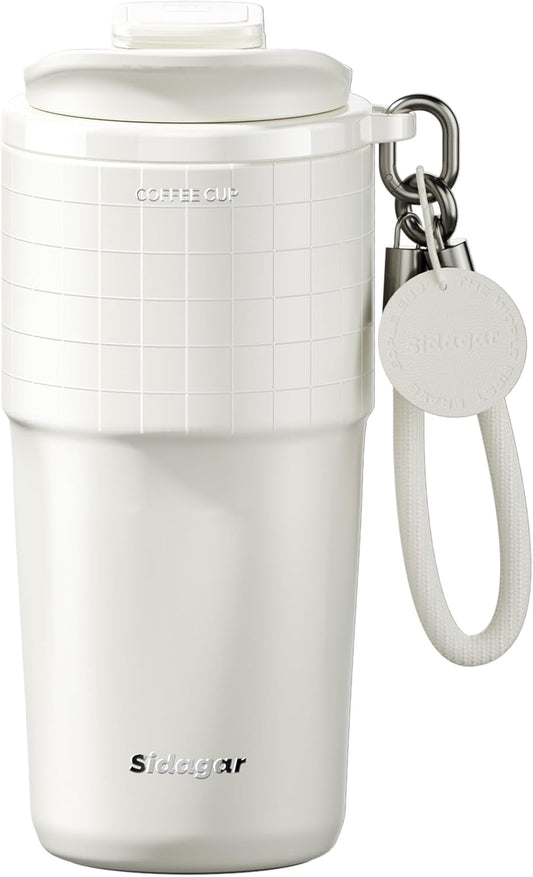 20 oz Insulated Coffee Tumbler, Stainless Steel Travel Coffee Mug with Flip Lid, Leak-Resistant Reusable Coffee Cup for Men, Office, Home & Commute, BPA-Free, White