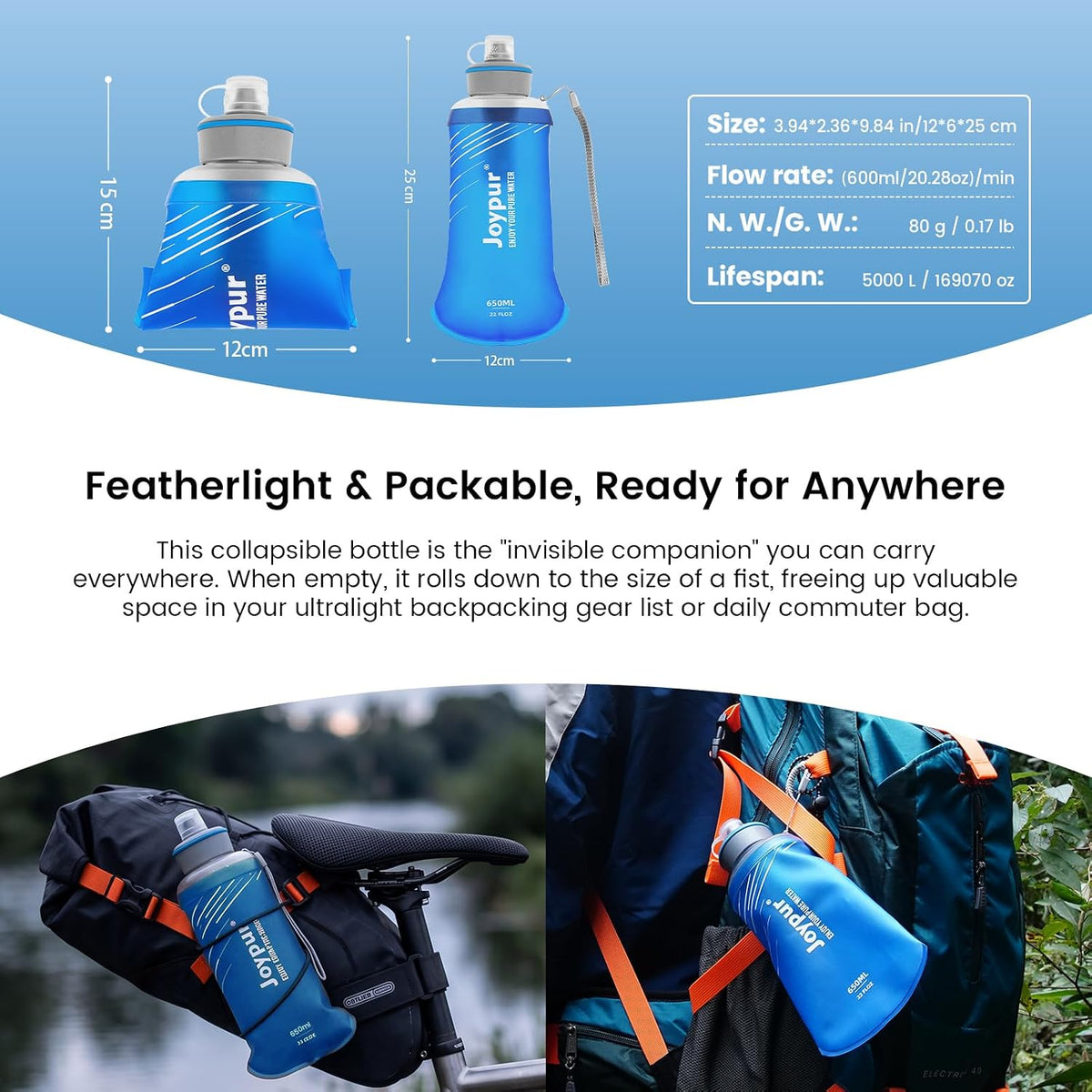 Collapsible Water Filter Bottle with 0.01 Micron Filtration