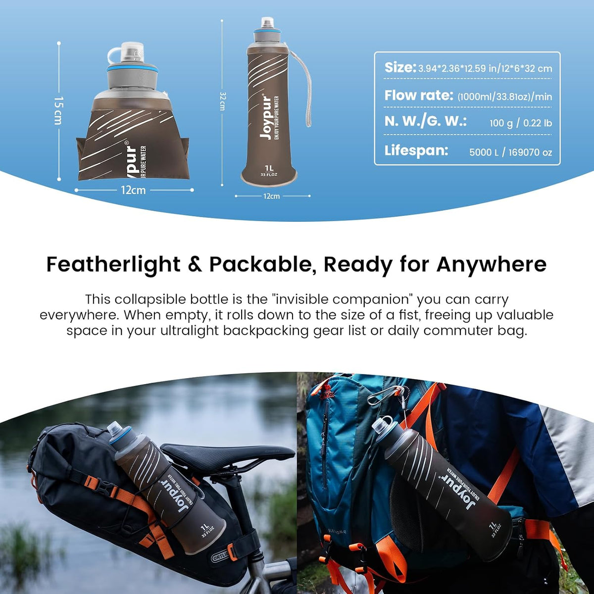 Collapsible Water Filter Bottle with 0.01 Micron Filtration