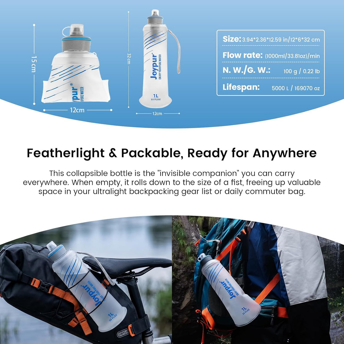 Collapsible Water Filter Bottle with 0.01 Micron Filtration