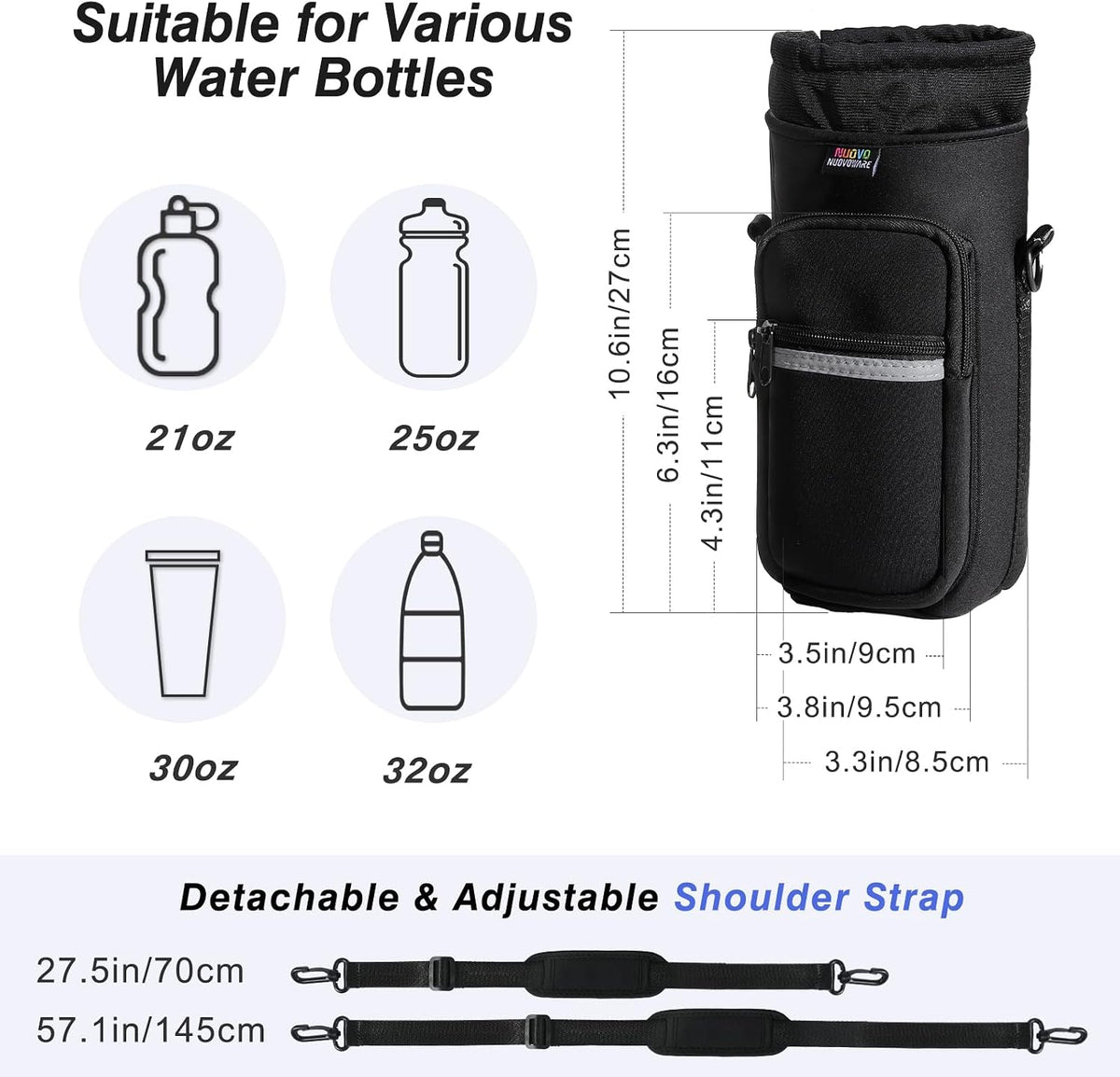 Water Bottle Holder With Strap, 2 Pack, 20-40 oz, Black+Black - Colors A