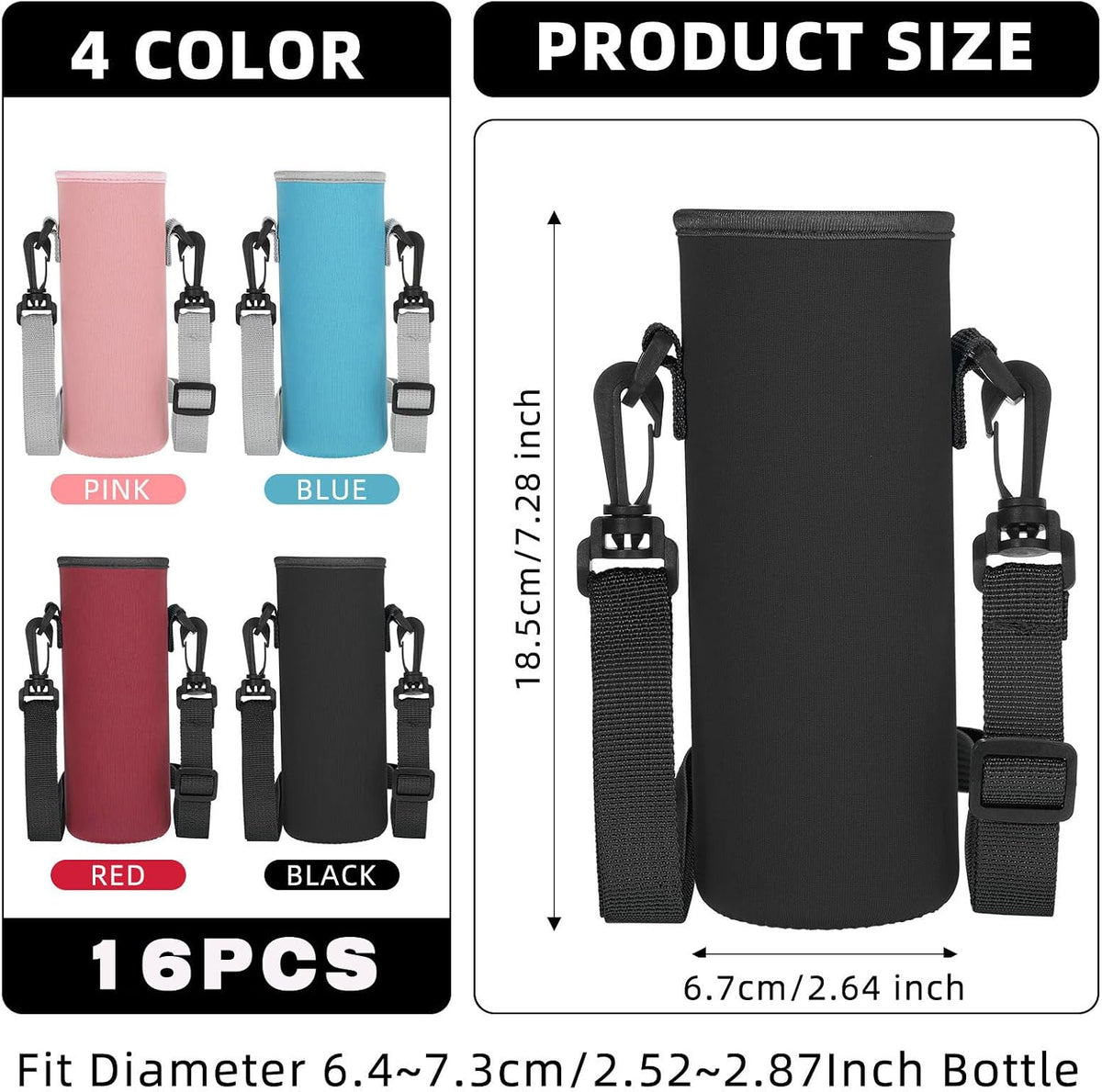 16 Pcs Neoprene Water Bottle Sleeve with Strap Holder
