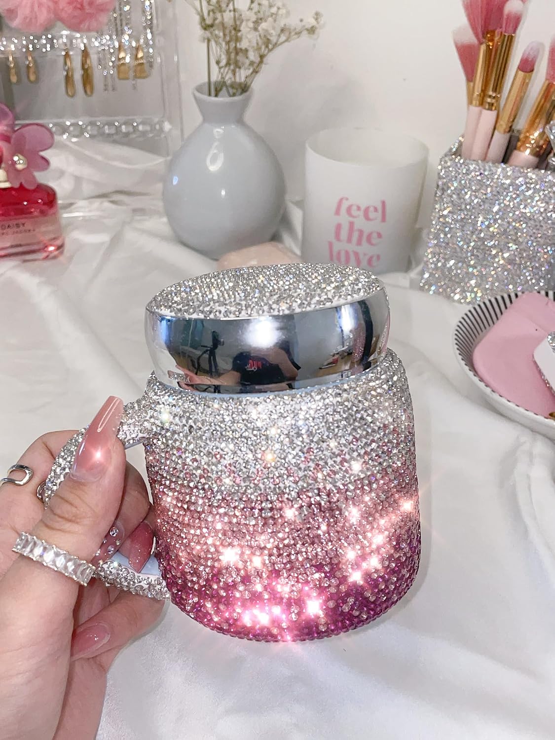 TISHAA Bling Dazzling Rhinestone Portable Travel Cup Mug with Handle and Twistable Lid, Perfect for Travel, Commute, Car Rides (380 mL, White)