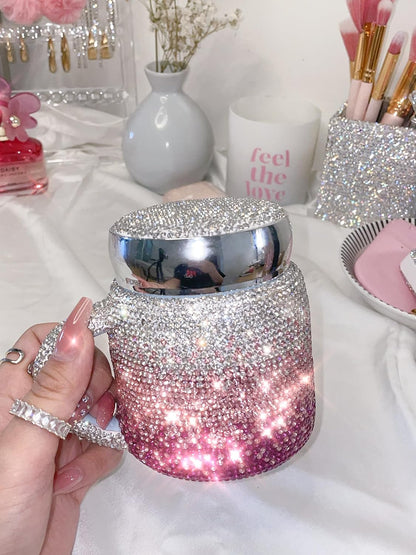 TISHAA Bling Dazzling Rhinestone Portable Travel Cup Mug with Handle and Twistable Lid, Perfect for Travel, Commute, Car Rides (380 mL, White)