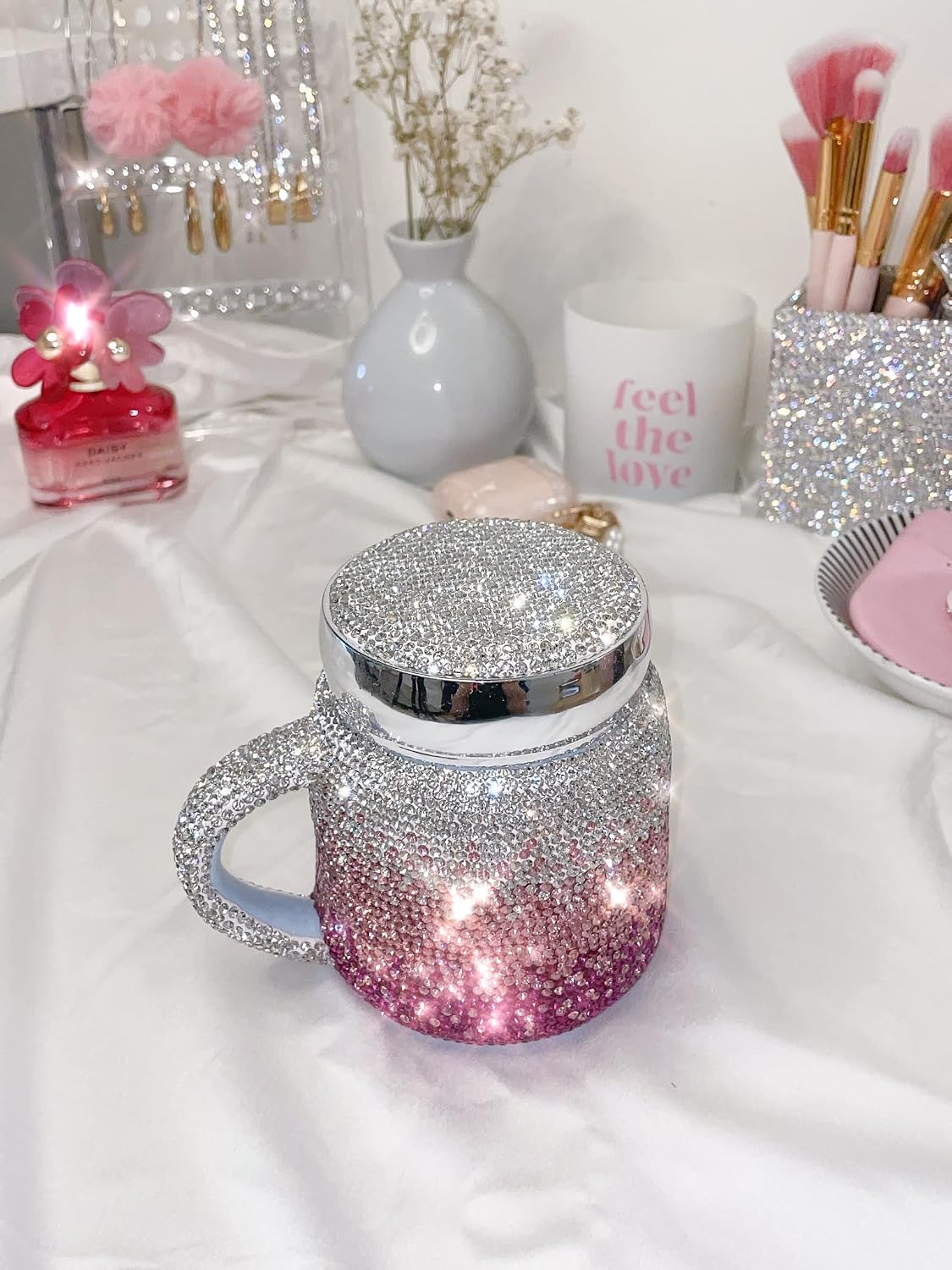 TISHAA Bling Dazzling Rhinestone Portable Travel Cup Mug with Handle and Twistable Lid, Perfect for Travel, Commute, Car Rides (380 mL, White)