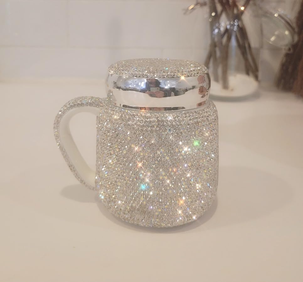 TISHAA Bling Dazzling Rhinestone Portable Travel Cup Mug with Handle and Twistable Lid, Perfect for Travel, Commute, Car Rides (380 mL, White)