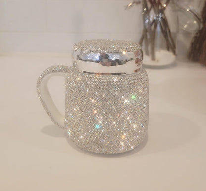 TISHAA Bling Dazzling Rhinestone Portable Travel Cup Mug with Handle and Twistable Lid, Perfect for Travel, Commute, Car Rides (380 mL, White)
