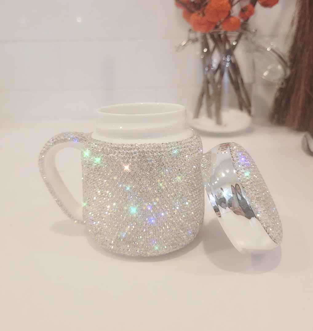 TISHAA Bling Dazzling Rhinestone Portable Travel Cup Mug with Handle and Twistable Lid, Perfect for Travel, Commute, Car Rides (380 mL, White)