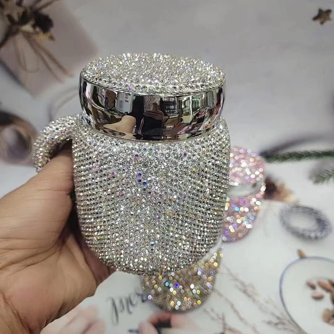 TISHAA Bling Dazzling Rhinestone Portable Travel Cup Mug with Handle and Twistable Lid, Perfect for Travel, Commute, Car Rides (380 mL, White)