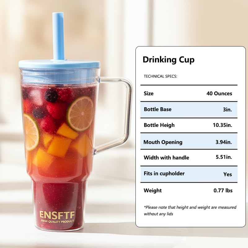 40oz Tumbler Handle&Straw Leakproof Travel Mug Cup Holder Friendly (red) | Large 40oz clear tumbler with handle & straw, tapered base fits cup holders. Durable BPA-free material, great for iced drinks