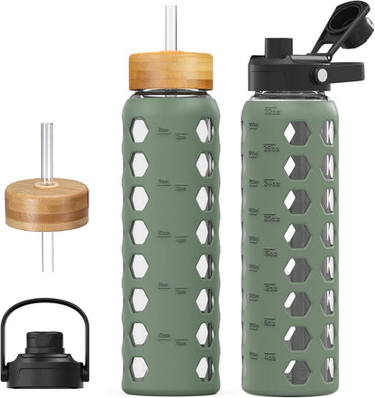 Glass Water Bottle, 32oz, Olive