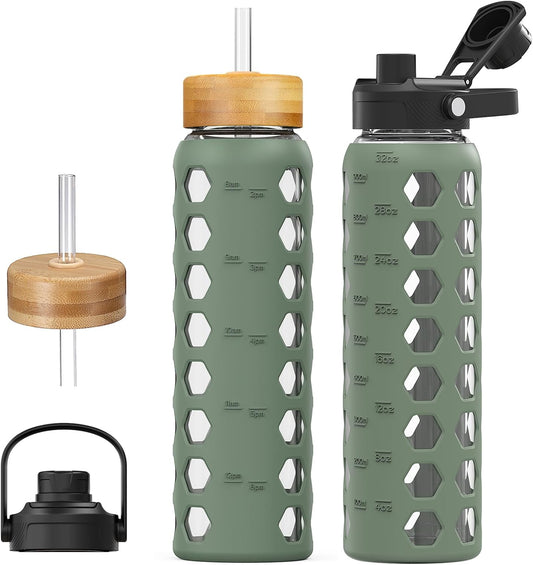 Glass Water Bottle, 32oz, Olive
