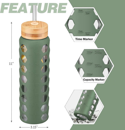 Glass Water Bottle, 32oz, Olive