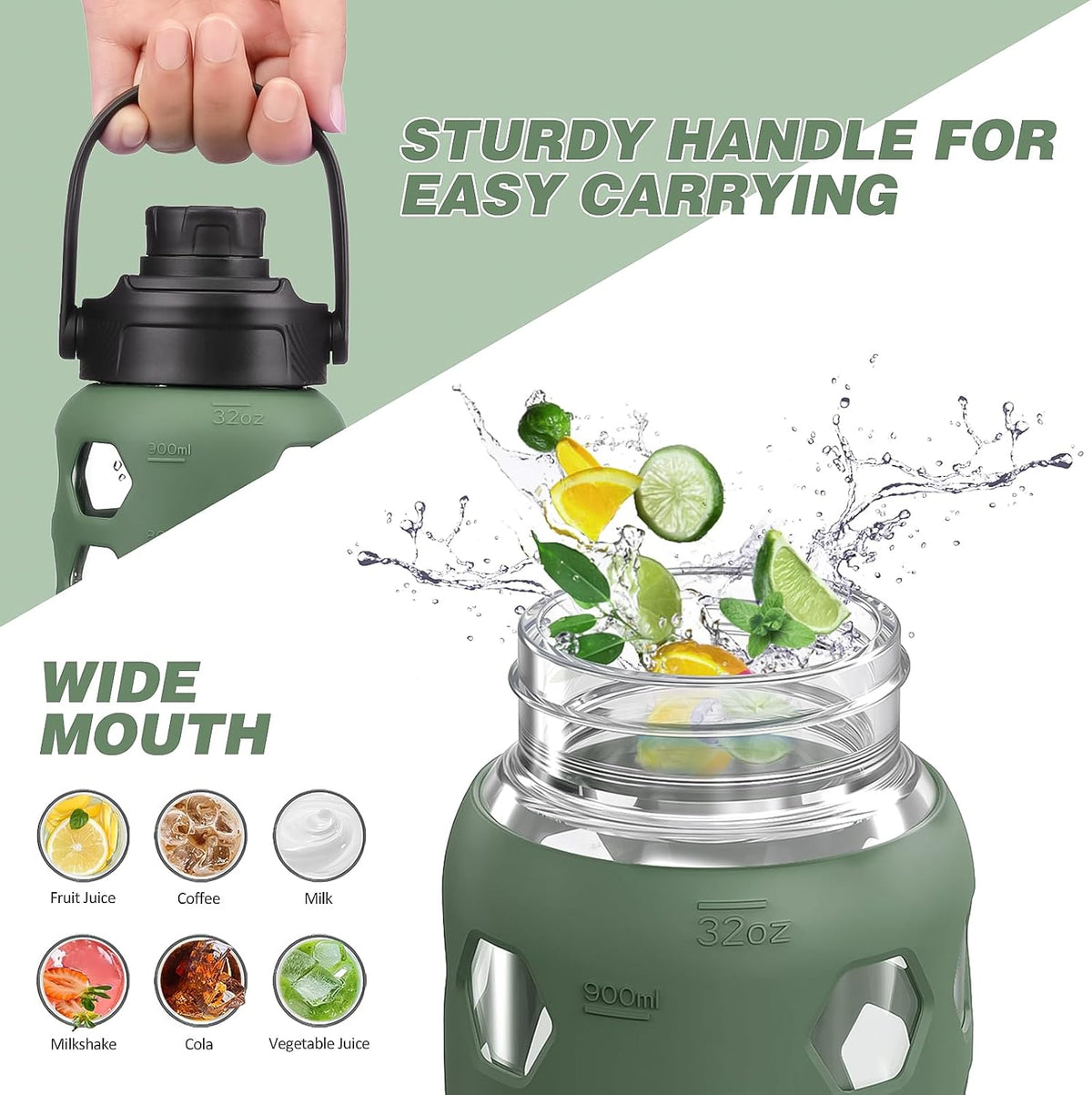 Glass Water Bottle, 32oz, Olive