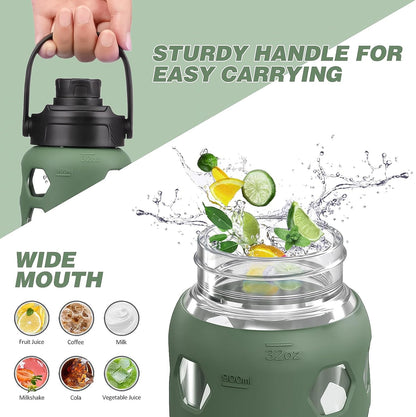 Glass Water Bottle, 32oz, Olive