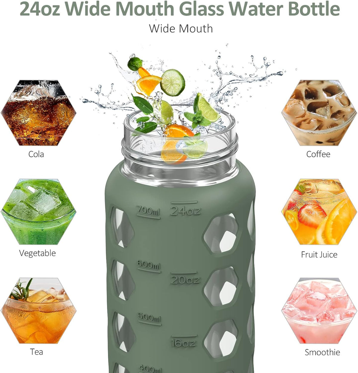 Glass Water Bottle, 32oz, Olive