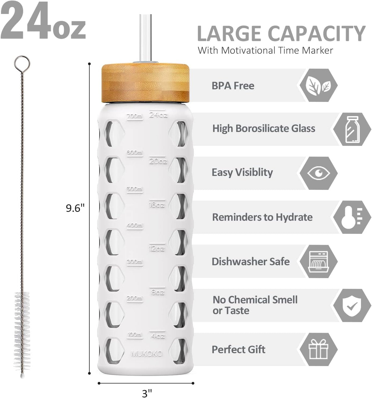 Glass Water Bottle, 32oz, Olive