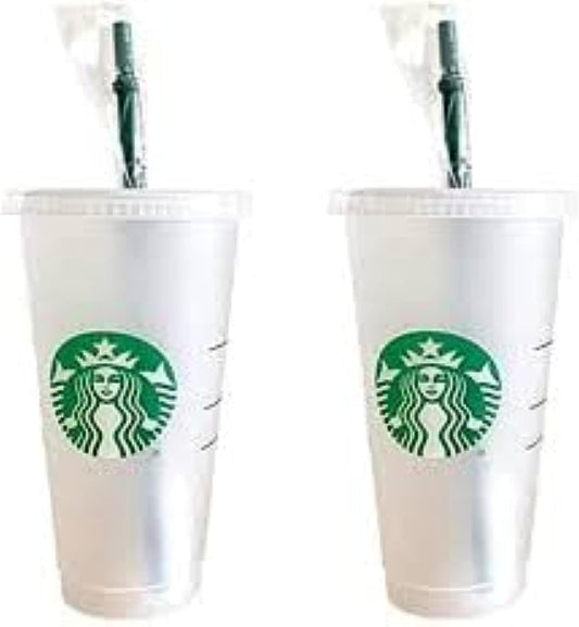 Starbucks 2 Pack Bundle - Reusable Frosted 24 oz Cold Cups with Lid and Green Straw w/Stopper