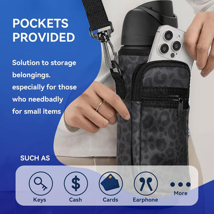 Neoprene Water Bottle Holder Bag with Cell Phone Pocket Compatible with Owala FreeSip 24 oz，Water Bottle Carrying Bag ，with Adjustable Shoulder Strap,for 24oz Stainless Steel Water Bottle