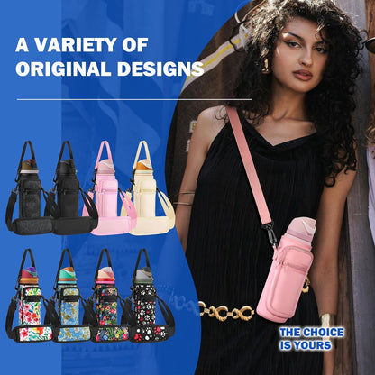 Neoprene Water Bottle Holder Bag with Cell Phone Pocket Compatible with Owala FreeSip 24 oz，Water Bottle Carrying Bag ，with Adjustable Shoulder Strap,for 24oz Stainless Steel Water Bottle