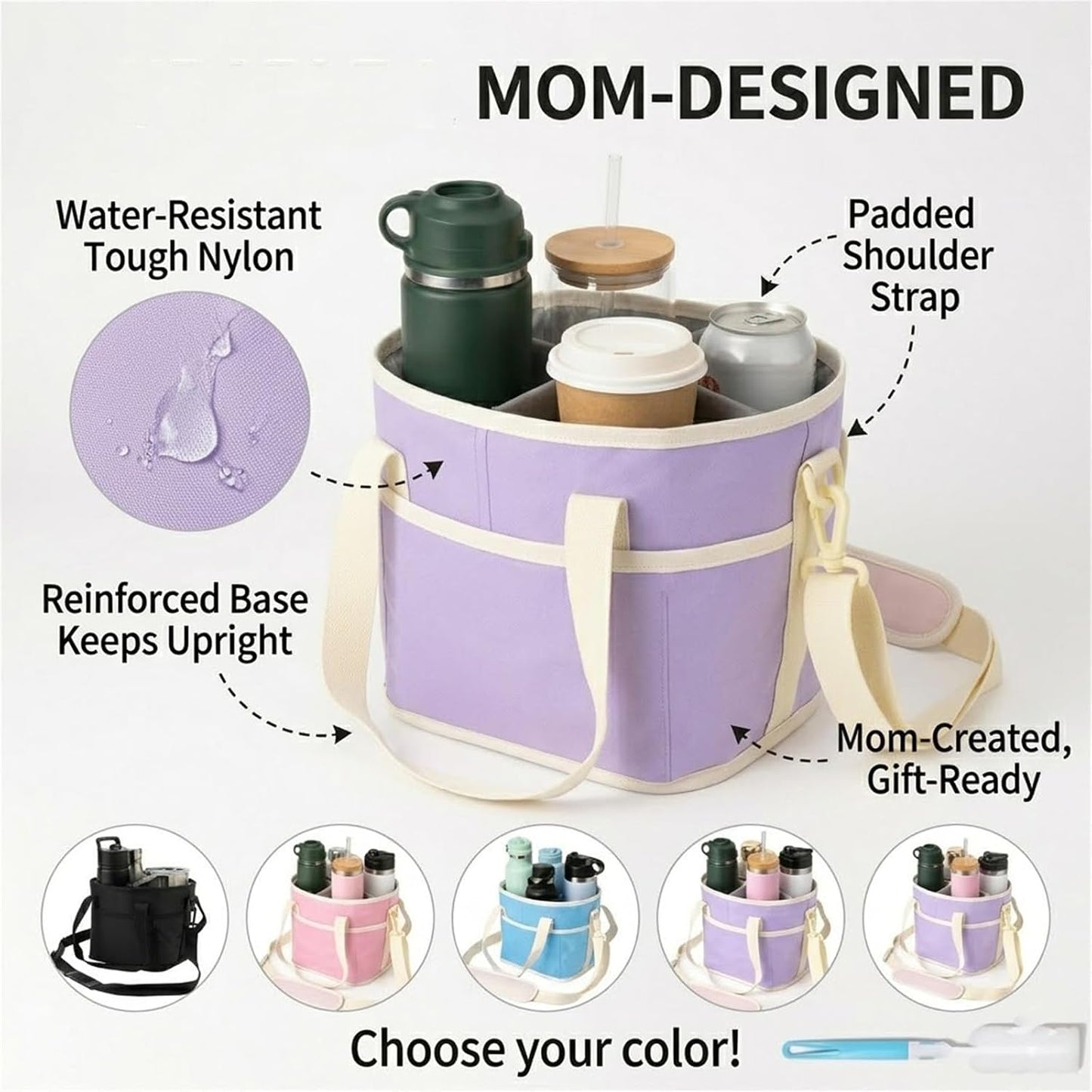 Family Size 4-Compartment Drink Carrier Bag - Insulated No-Spill Tumbler Caddy with Adjustable Strap for Coffee Cups & Outings Outdoor Recreation (Pink)