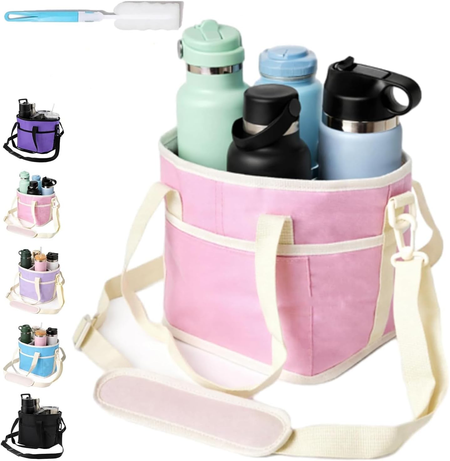 Family Size 4-Compartment Drink Carrier Bag - Insulated No-Spill Tumbler Caddy with Adjustable Strap for Coffee Cups & Outings Outdoor Recreation (Pink)