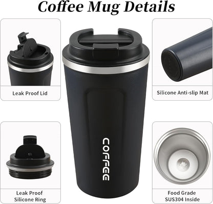 17oz Coffee Mug, Leak Proof Coffee Travel Mug with Lid, Car Coffee Mug, Stainless Steel Mug Keeps Cold and Hot, Suitable for Travel and Office - Black