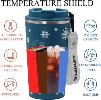 GEMFUL 17oz Insulated Coffee Travel Mug, Stainless Steel Leak-Proof Tumbler | Double-wall Vacuum Insulation,510ml, Secure Screw Lid, fits Car Cup Holders, BPA-Free, Hot/cold for Commute/Office/Outdoor
