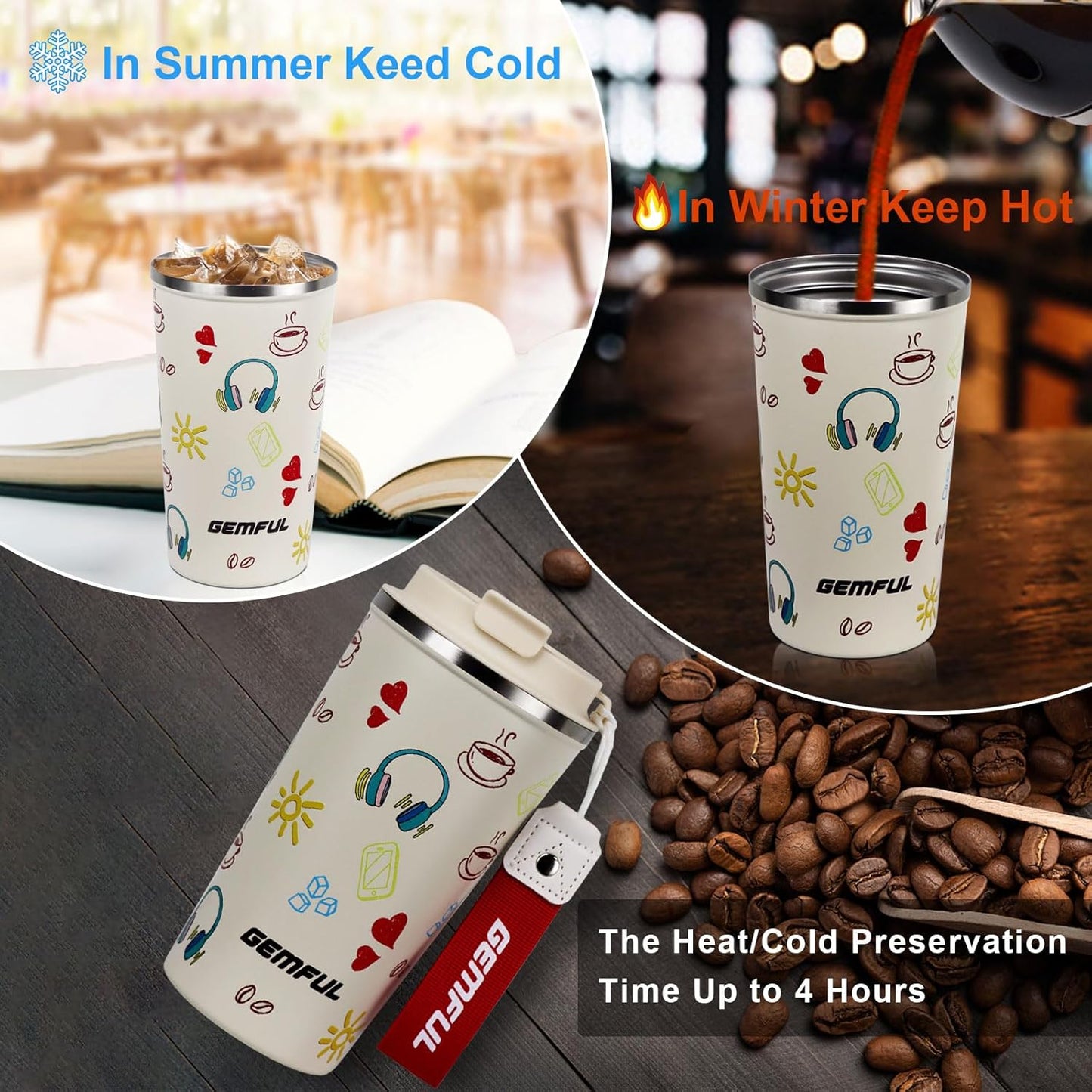 GEMFUL 17oz Insulated Coffee Travel Mug, Stainless Steel Leak-Proof Tumbler | Double-wall Vacuum Insulation,510ml, Secure Screw Lid, fits Car Cup Holders, BPA-Free, Hot/cold for Commute/Office/Outdoor
