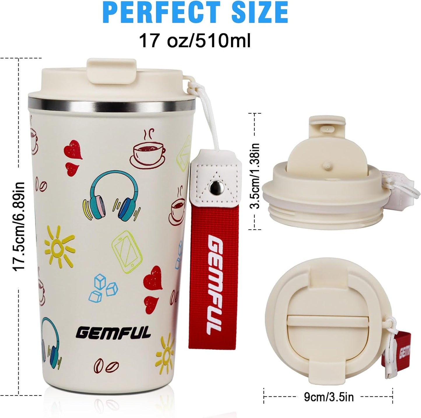 GEMFUL 17oz Insulated Coffee Travel Mug, Stainless Steel Leak-Proof Tumbler | Double-wall Vacuum Insulation,510ml, Secure Screw Lid, fits Car Cup Holders, BPA-Free, Hot/cold for Commute/Office/Outdoor