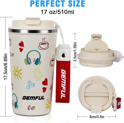 GEMFUL 17oz Insulated Coffee Travel Mug, Stainless Steel Leak-Proof Tumbler | Double-wall Vacuum Insulation,510ml, Secure Screw Lid, fits Car Cup Holders, BPA-Free, Hot/cold for Commute/Office/Outdoor