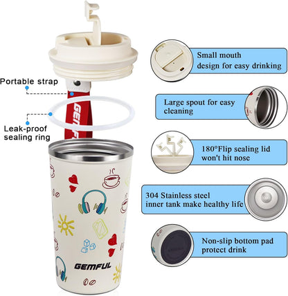 GEMFUL 17oz Insulated Coffee Travel Mug, Stainless Steel Leak-Proof Tumbler | Double-wall Vacuum Insulation,510ml, Secure Screw Lid, fits Car Cup Holders, BPA-Free, Hot/cold for Commute/Office/Outdoor