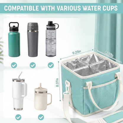 4 Compartments Drink Carrier Bag with Strap,Strawberry,Beige | Insulated Water Bottle Holder, Portable Tumbler Carrier Caddy, Car Commute to Work Coffee Drinking Takeout for Teacher