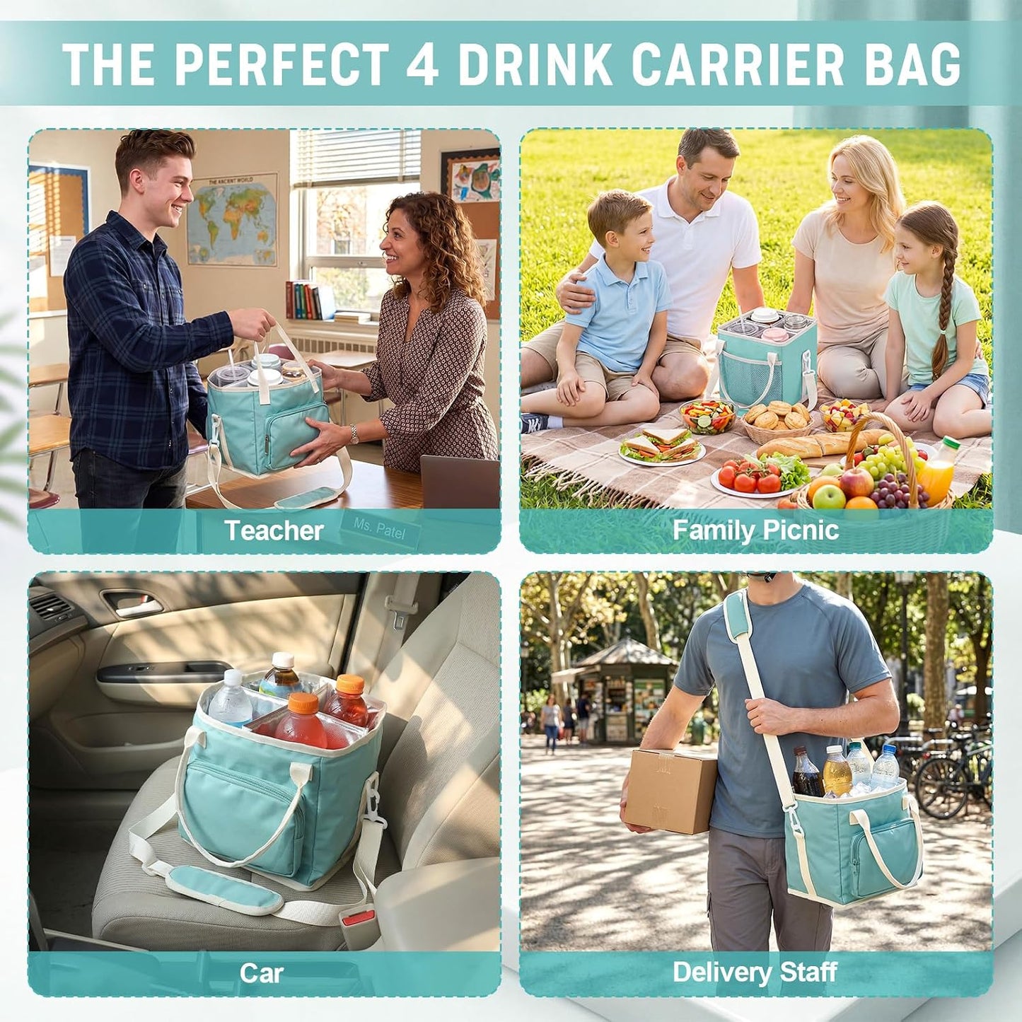 4 Compartments Drink Carrier Bag with Strap,Strawberry,Beige | Insulated Water Bottle Holder, Portable Tumbler Carrier Caddy, Car Commute to Work Coffee Drinking Takeout for Teacher