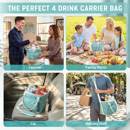 4 Compartments Drink Carrier Bag with Strap,Strawberry,Beige | Insulated Water Bottle Holder, Portable Tumbler Carrier Caddy, Car Commute to Work Coffee Drinking Takeout for Teacher