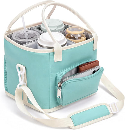 4 Compartments Drink Carrier Bag with Strap,Strawberry,Beige | Insulated Water Bottle Holder, Portable Tumbler Carrier Caddy, Car Commute to Work Coffee Drinking Takeout for Teacher