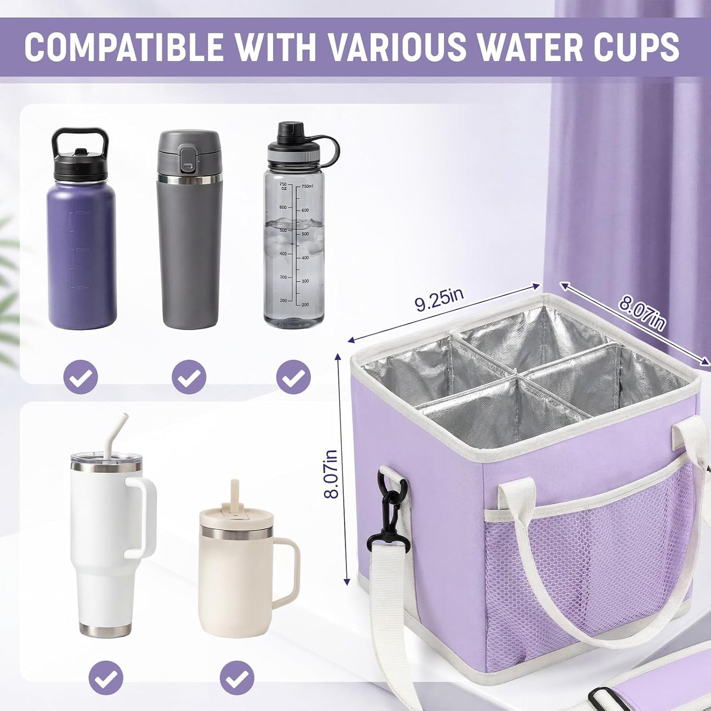 4 Compartments Drink Carrier Bag with Strap,Strawberry,Beige | Insulated Water Bottle Holder, Portable Tumbler Carrier Caddy, Car Commute to Work Coffee Drinking Takeout for Teacher