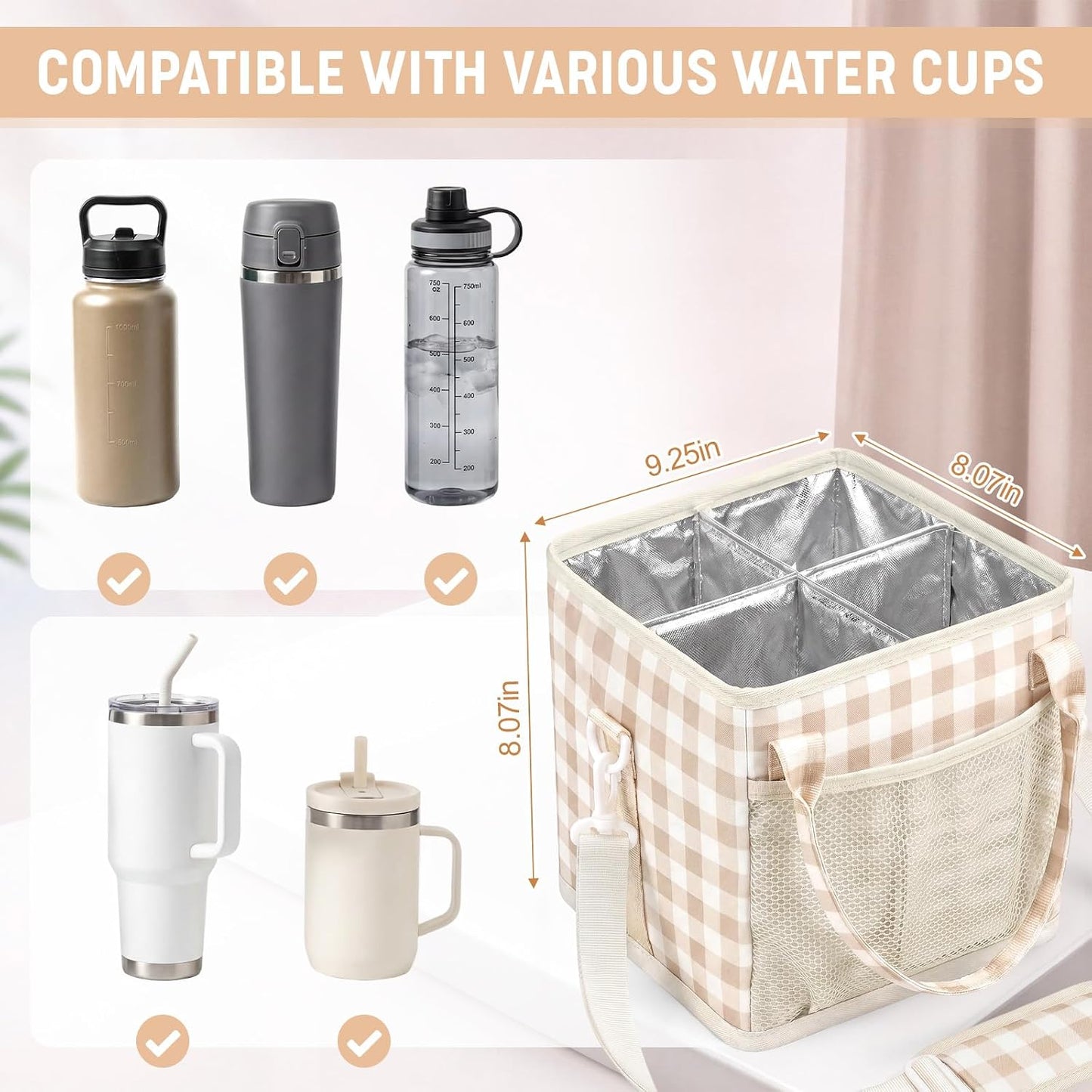 4 Compartments Drink Carrier Bag with Strap,Strawberry,Beige | Insulated Water Bottle Holder, Portable Tumbler Carrier Caddy, Car Commute to Work Coffee Drinking Takeout for Teacher