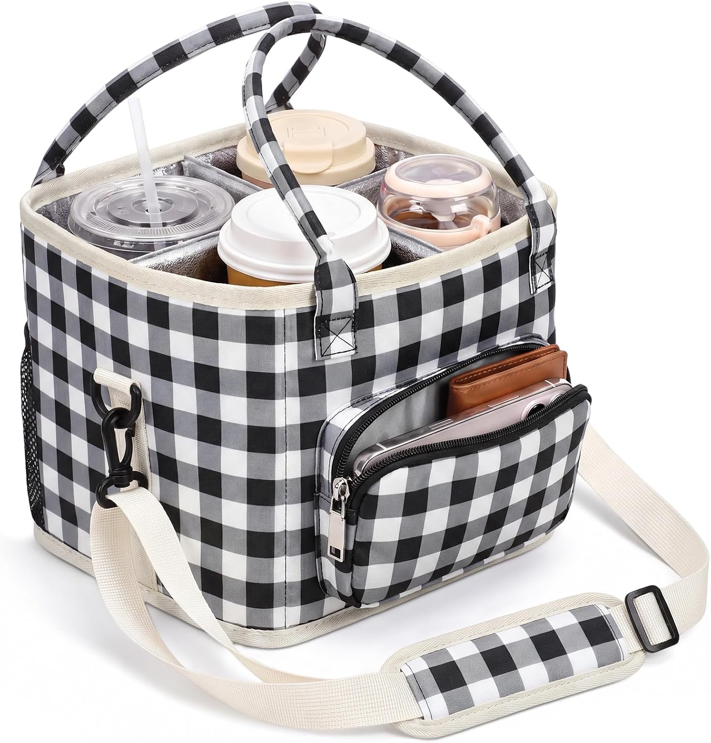 4 Compartments Drink Carrier Bag with Strap,Strawberry,Beige | Insulated Water Bottle Holder, Portable Tumbler Carrier Caddy, Car Commute to Work Coffee Drinking Takeout for Teacher