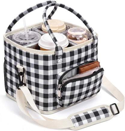 4 Compartments Drink Carrier Bag with Strap,Strawberry,Beige | Insulated Water Bottle Holder, Portable Tumbler Carrier Caddy, Car Commute to Work Coffee Drinking Takeout for Teacher