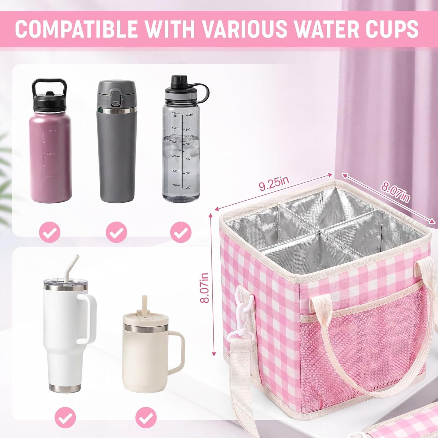 4 Compartments Drink Carrier Bag with Strap,Strawberry,Beige | Insulated Water Bottle Holder, Portable Tumbler Carrier Caddy, Car Commute to Work Coffee Drinking Takeout for Teacher