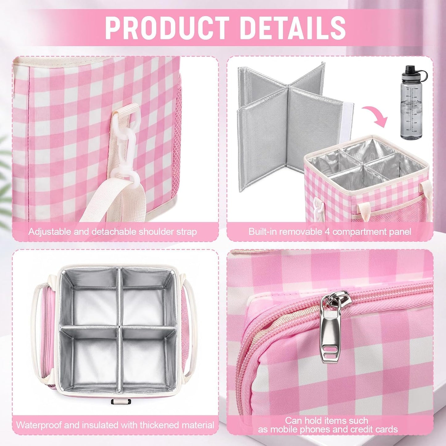 4 Compartments Drink Carrier Bag with Strap,Strawberry,Beige | Insulated Water Bottle Holder, Portable Tumbler Carrier Caddy, Car Commute to Work Coffee Drinking Takeout for Teacher