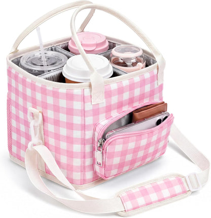 4 Compartments Drink Carrier Bag with Strap,Strawberry,Beige | Insulated Water Bottle Holder, Portable Tumbler Carrier Caddy, Car Commute to Work Coffee Drinking Takeout for Teacher
