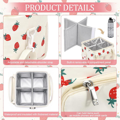 4 Compartments Drink Carrier Bag with Strap,Strawberry,Beige | Insulated Water Bottle Holder, Portable Tumbler Carrier Caddy, Car Commute to Work Coffee Drinking Takeout for Teacher