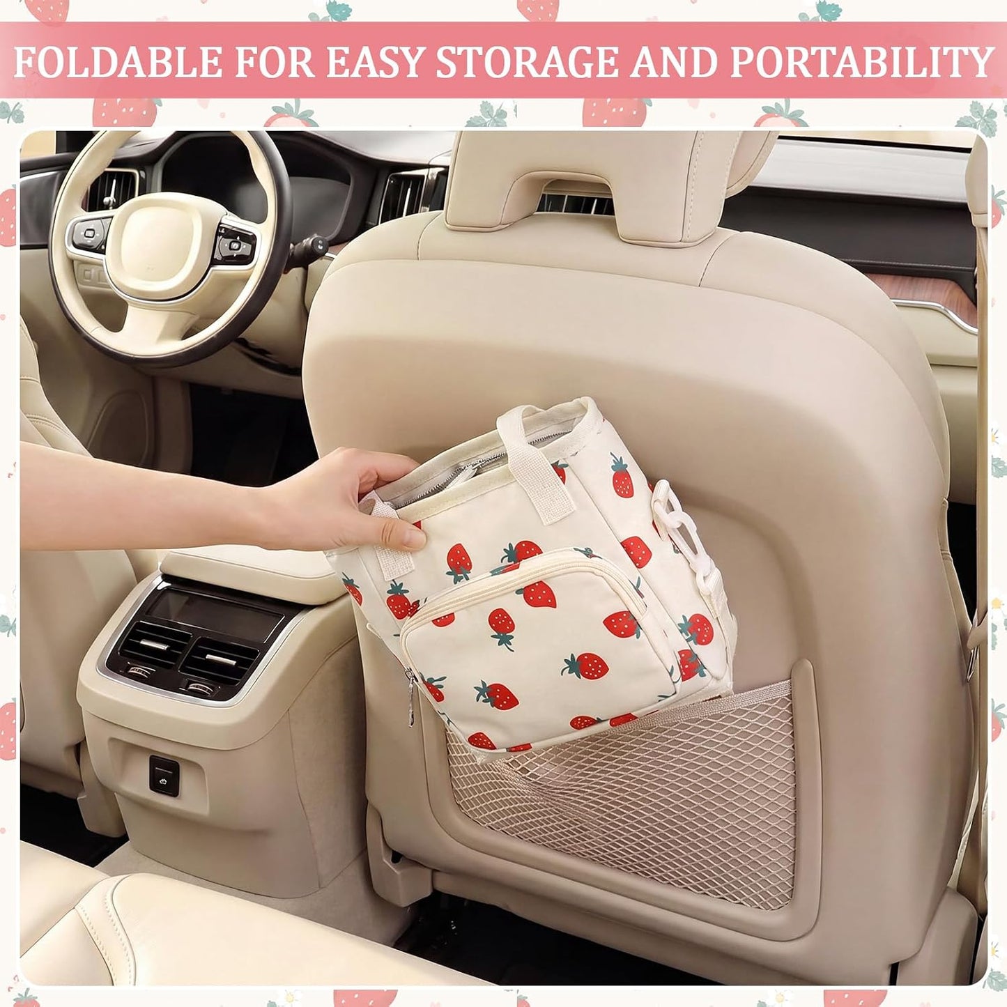 4 Compartments Drink Carrier Bag with Strap,Strawberry,Beige | Insulated Water Bottle Holder, Portable Tumbler Carrier Caddy, Car Commute to Work Coffee Drinking Takeout for Teacher